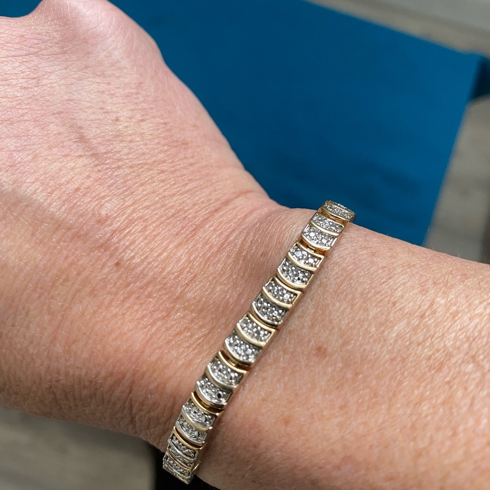 Sterling silver with gold overlay and crystals, tennis bracelet, 8”